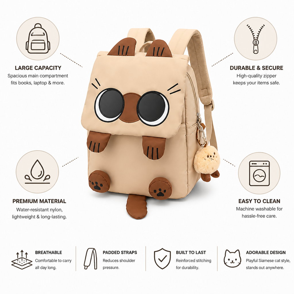 Large Capacity Cartoon Cat Nylon Backpack (Machine-Washable)