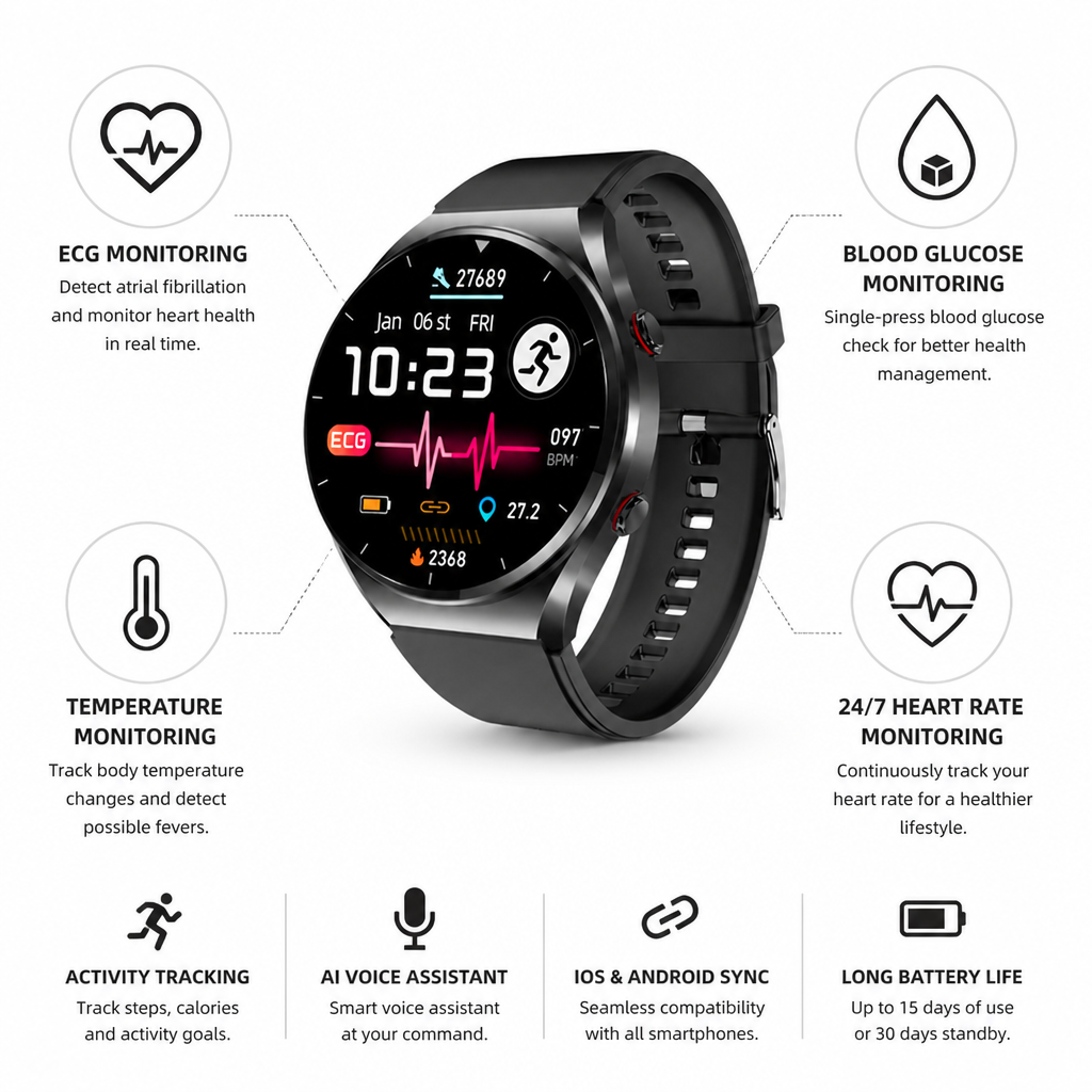 Reloj inteligente de salud con ECG, detección de fibrilación auricular, glucosa en sangre y batería de 15 días