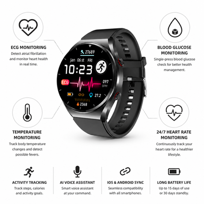 Reloj inteligente de salud con ECG, detección de fibrilación auricular, glucosa en sangre y batería de 15 días