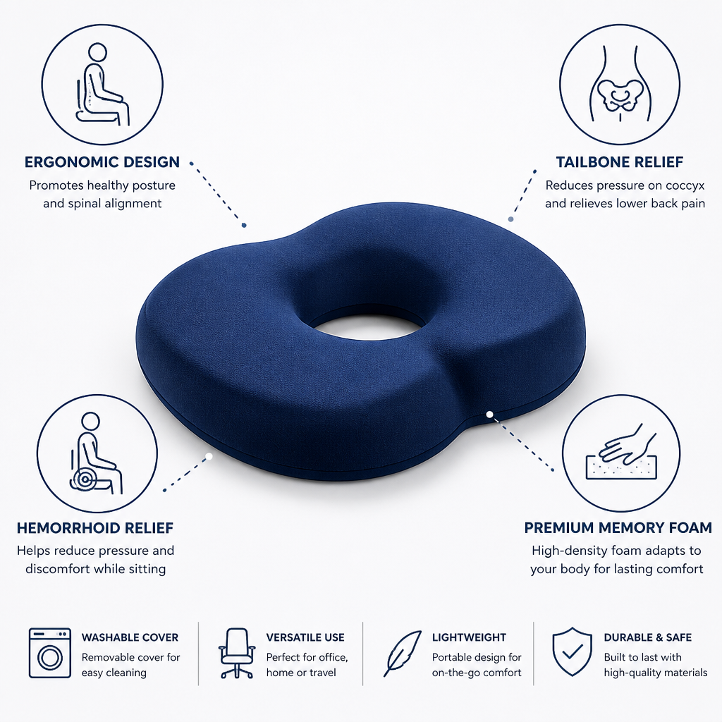 Cojín de Confort | Cojín de asiento de espuma viscoelástica con funda lavable | Alivio para el coxis para estar sentado por tiempo prolongado