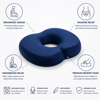 Cojín de Confort | Cojín de asiento de espuma viscoelástica con funda lavable | Alivio para el coxis para estar sentado por tiempo prolongado