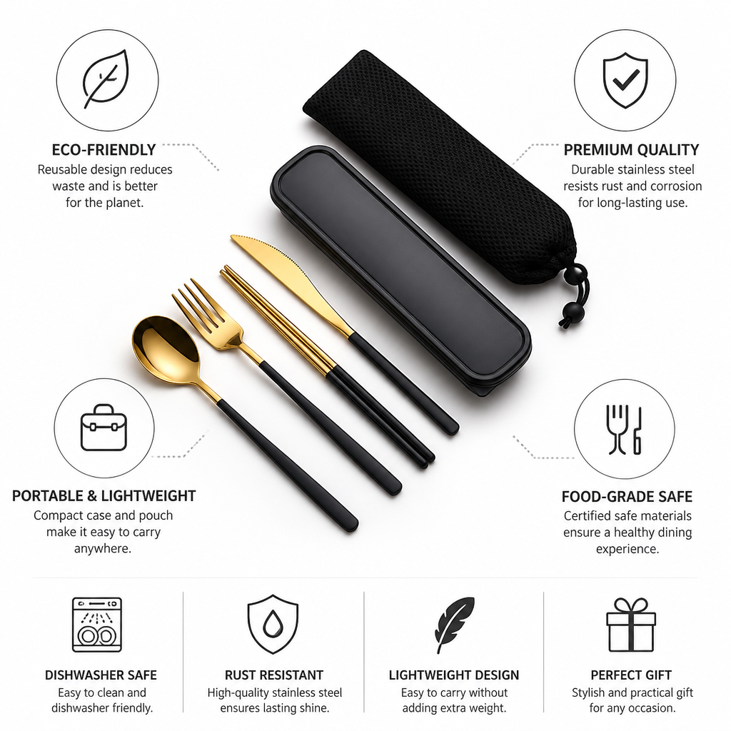 Eco-Friendly Portable Cutlery Set with Stainless Steel Utensils | Compact Design for Sustainable Dining