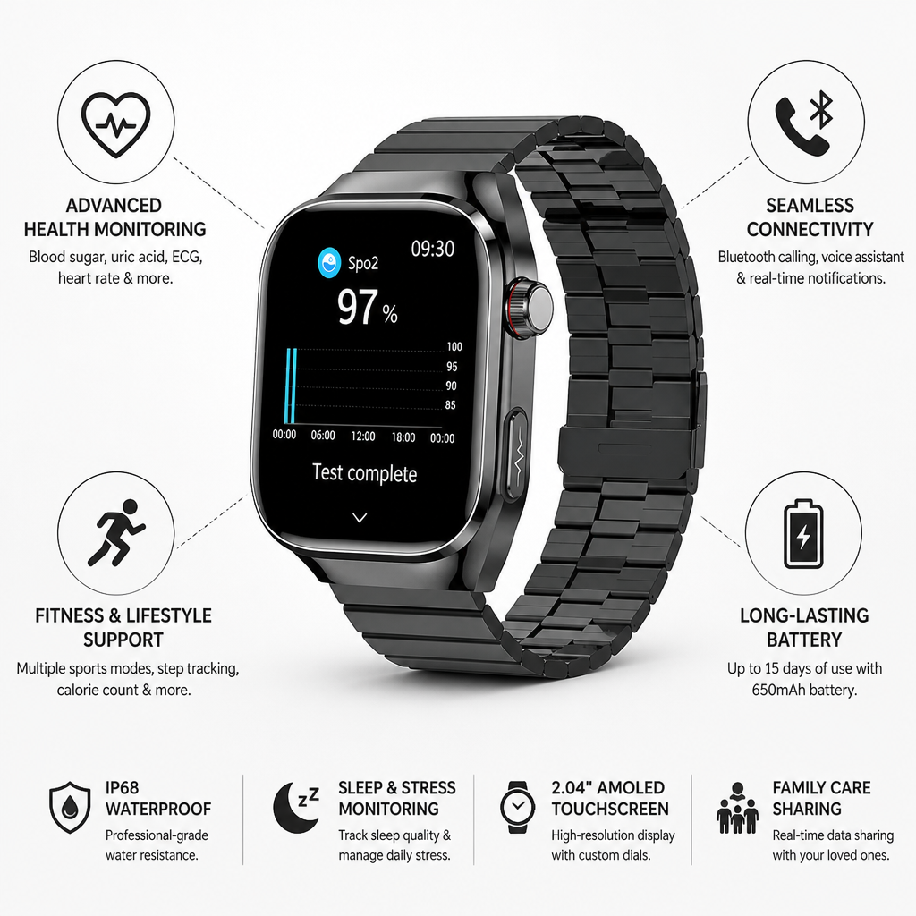 Rastreador de salud | Reloj inteligente con monitoreo de glucosa en sangre y ECG | Pantalla táctil AMOLED para un bienestar integral
