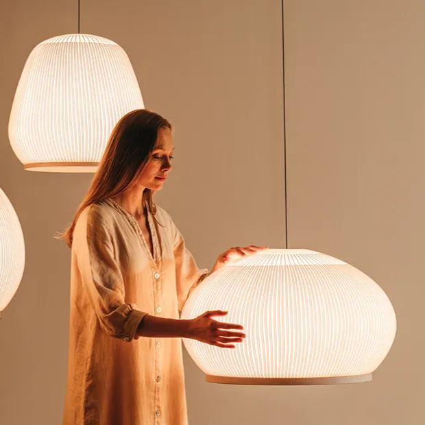 Ribbed Lycra Hanging Light Fixture – 18 in Round Dimmable LED Ceiling Pendant for Kitchen Island, Dining Table & Modern Living Areas