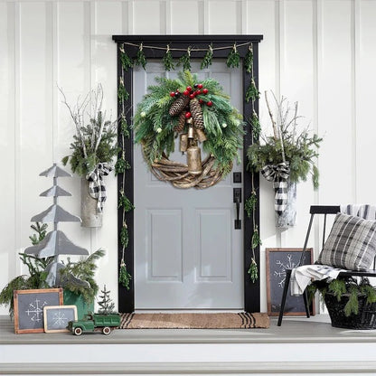 Corona festiva navideña, decoración rústica para puerta de Navidad