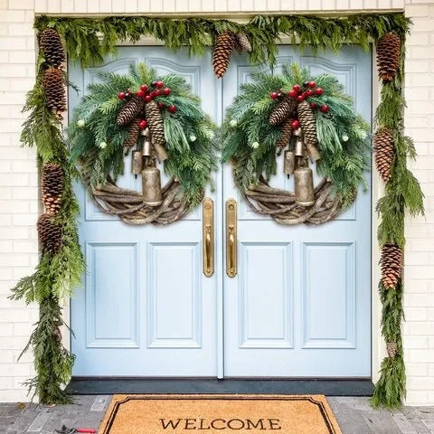Corona festiva navideña, decoración rústica para puerta de Navidad