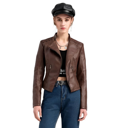 Chaqueta de cuero de motociclista clásica para mujer