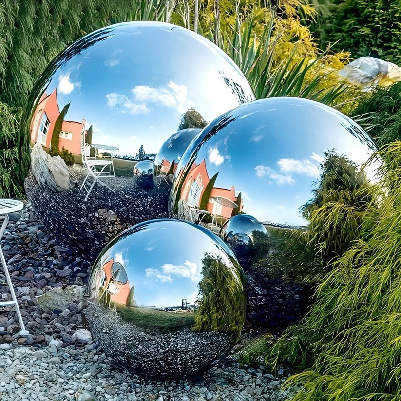 Adornos de bola de jardín de espejo metálico para decoración exterior