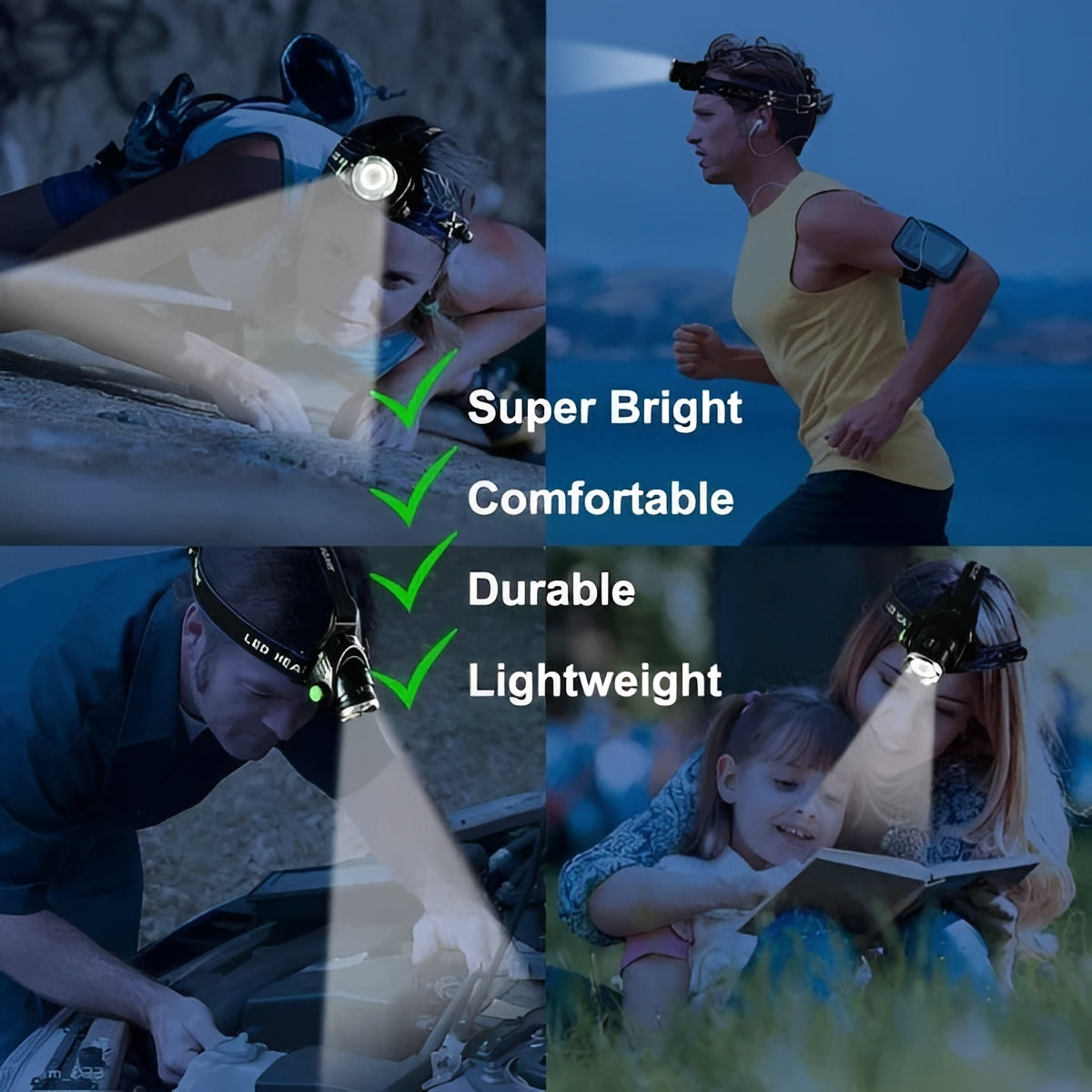 Linterna frontal LED brillante y ajustable con múltiples configuraciones de luz