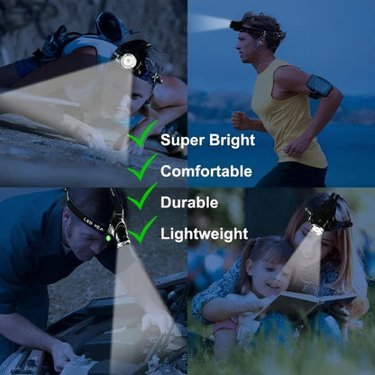Linterna frontal LED brillante y ajustable con múltiples configuraciones de luz
