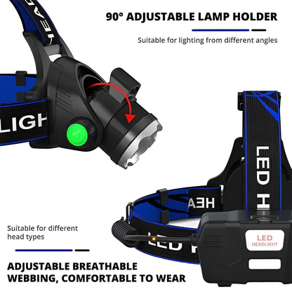 Linterna frontal LED brillante y ajustable con múltiples configuraciones de luz