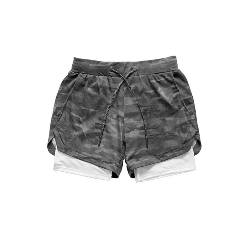 Pantalones cortos deportivos de camuflaje para hombre con forro de compresión incorporado
