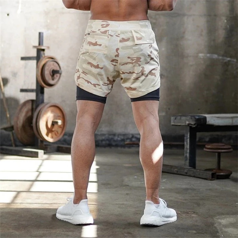 Pantalones cortos deportivos de camuflaje para hombre con forro de compresión incorporado