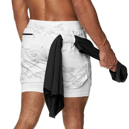 Pantalones cortos deportivos de camuflaje para hombre con forro de compresión incorporado