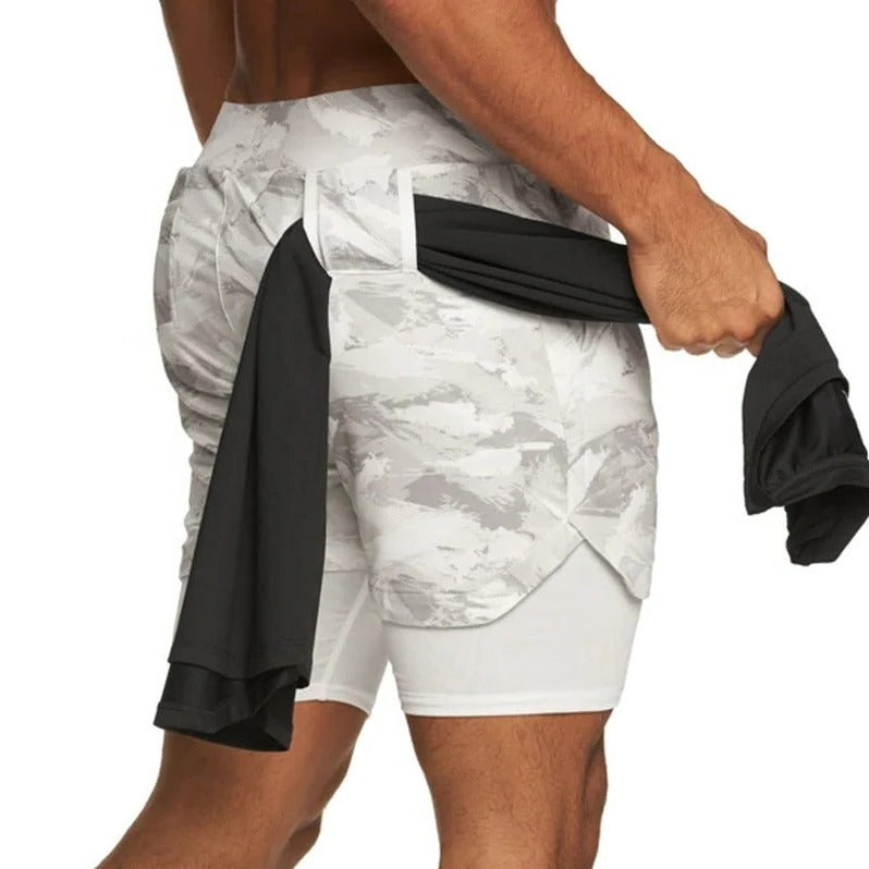 Pantalones cortos deportivos de camuflaje para hombre con forro de compresión incorporado