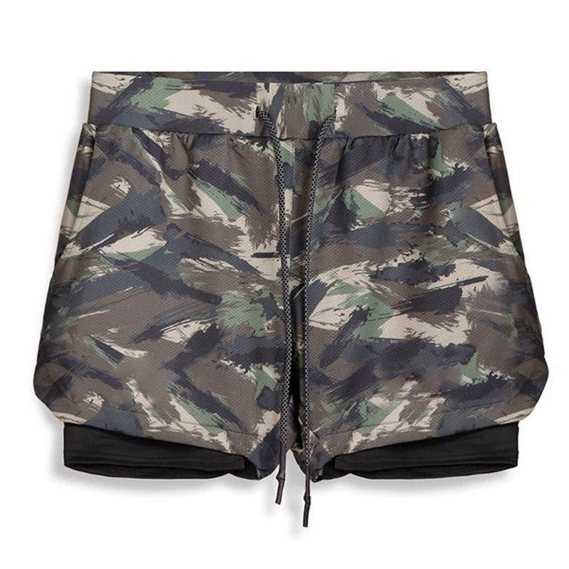 Pantalones cortos deportivos de camuflaje para hombre con forro de compresión incorporado
