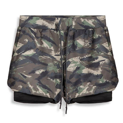 Pantalones cortos deportivos de camuflaje para hombre con forro de compresión incorporado