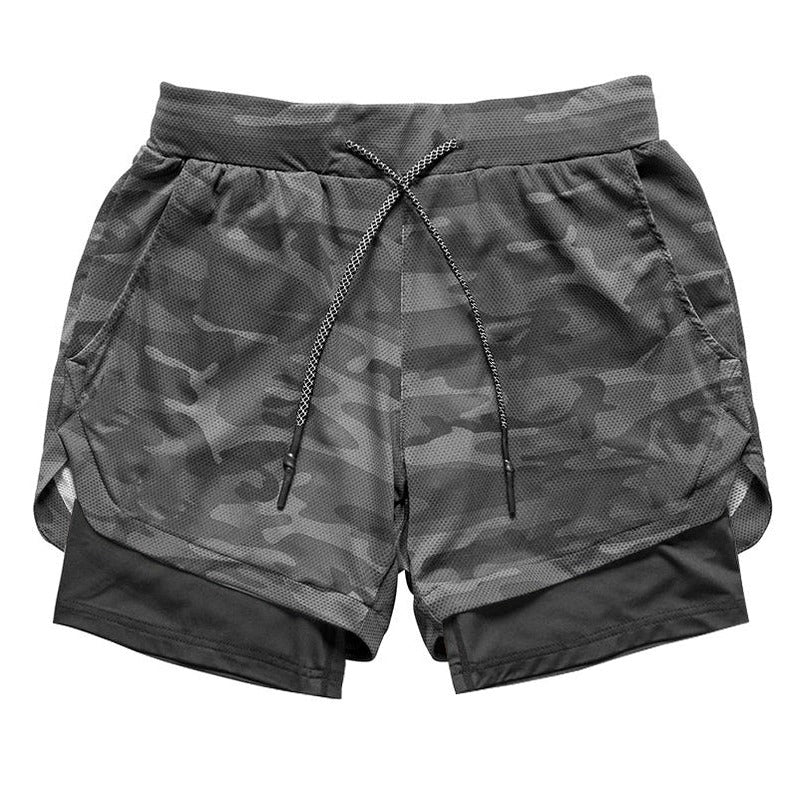 Pantalones cortos deportivos de camuflaje para hombre con forro de compresión incorporado