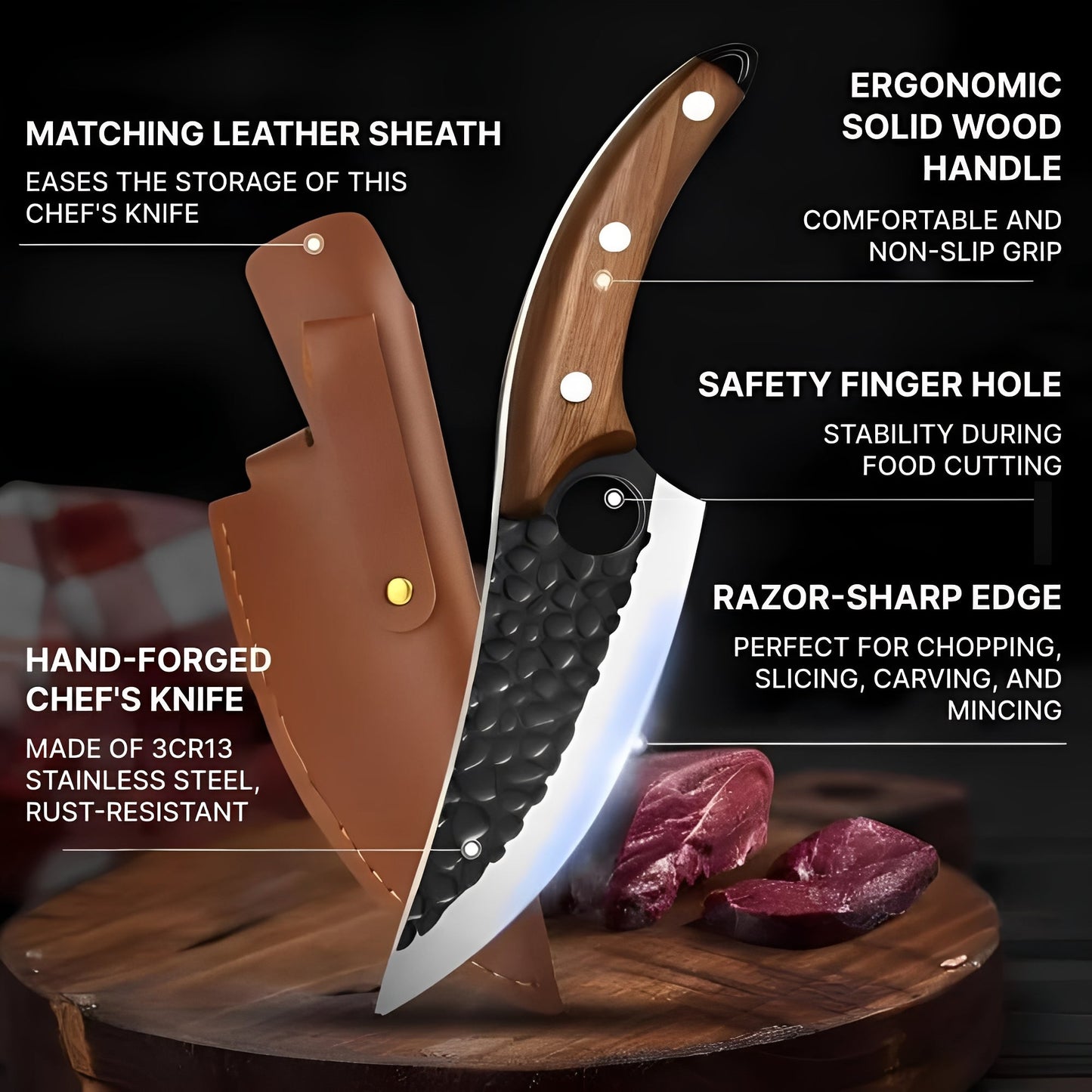Cuchillo de chef de acero inoxidable afilado con mango de agarre cómodo