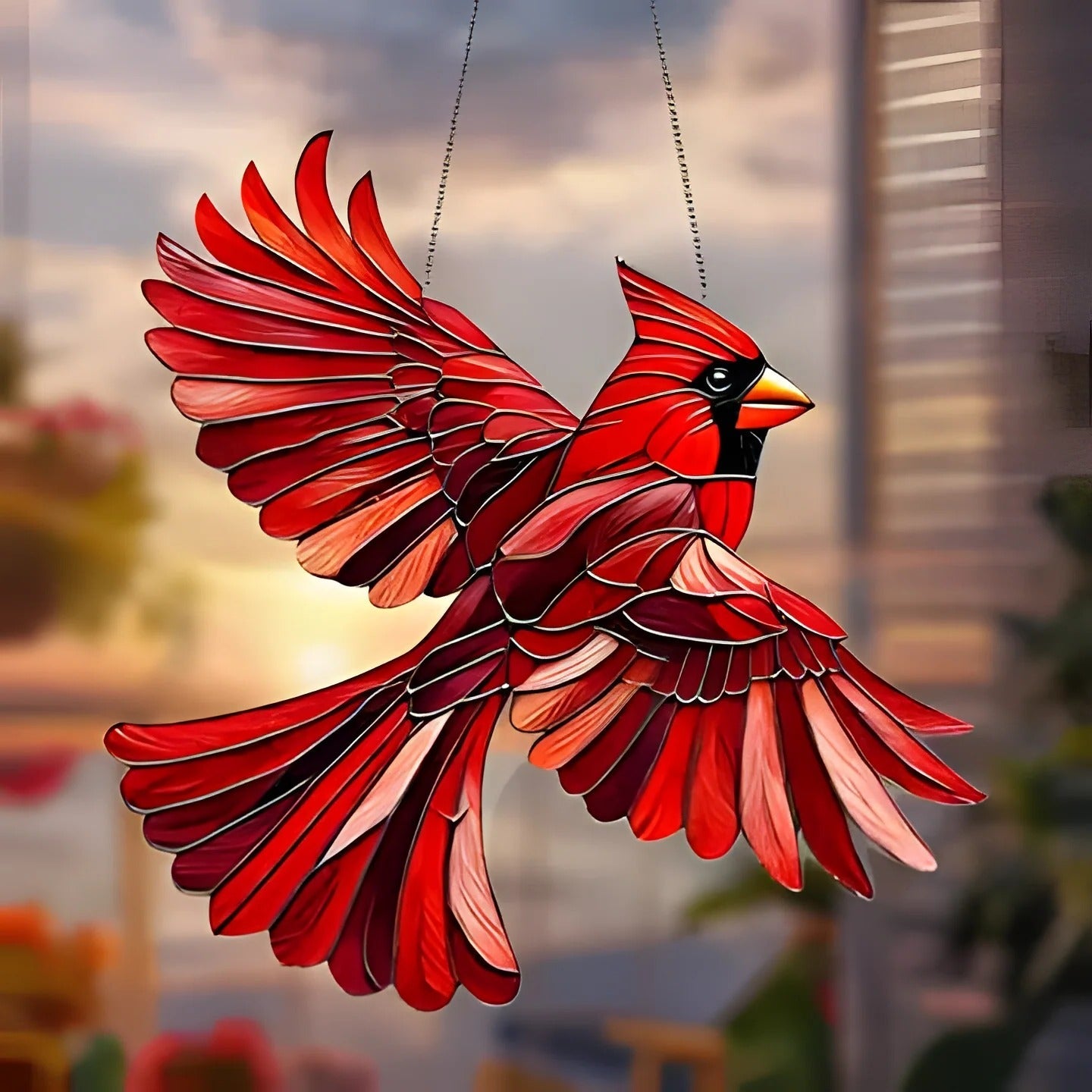 Vibrante adorno de ventana de pájaro de cristal