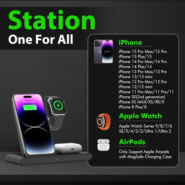 Almohadilla de carga compacta 3 en 1 para teléfono, reloj y auriculares