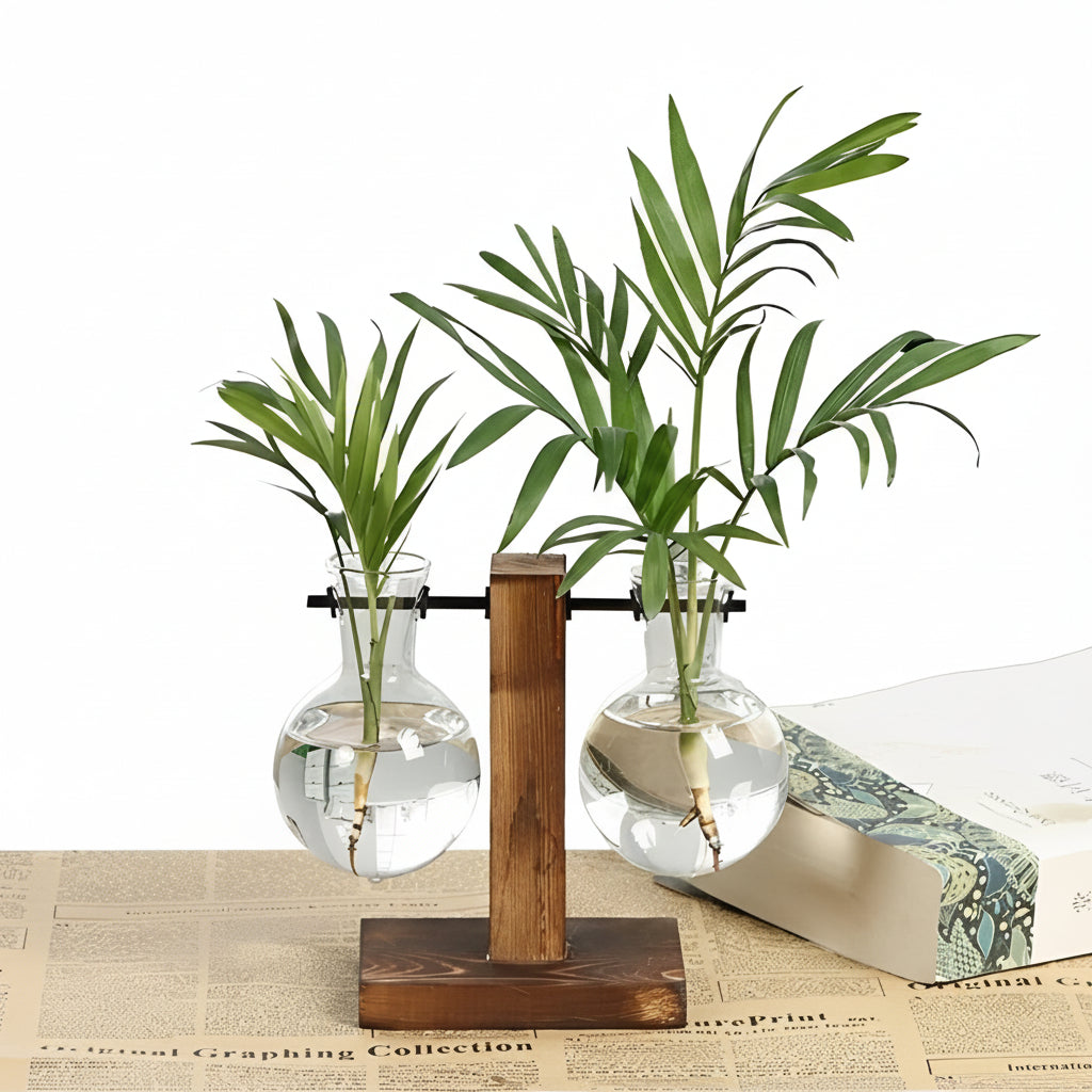 Maceta de cristal para interiores con base de madera