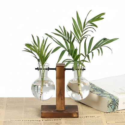 Maceta de cristal para interiores con base de madera