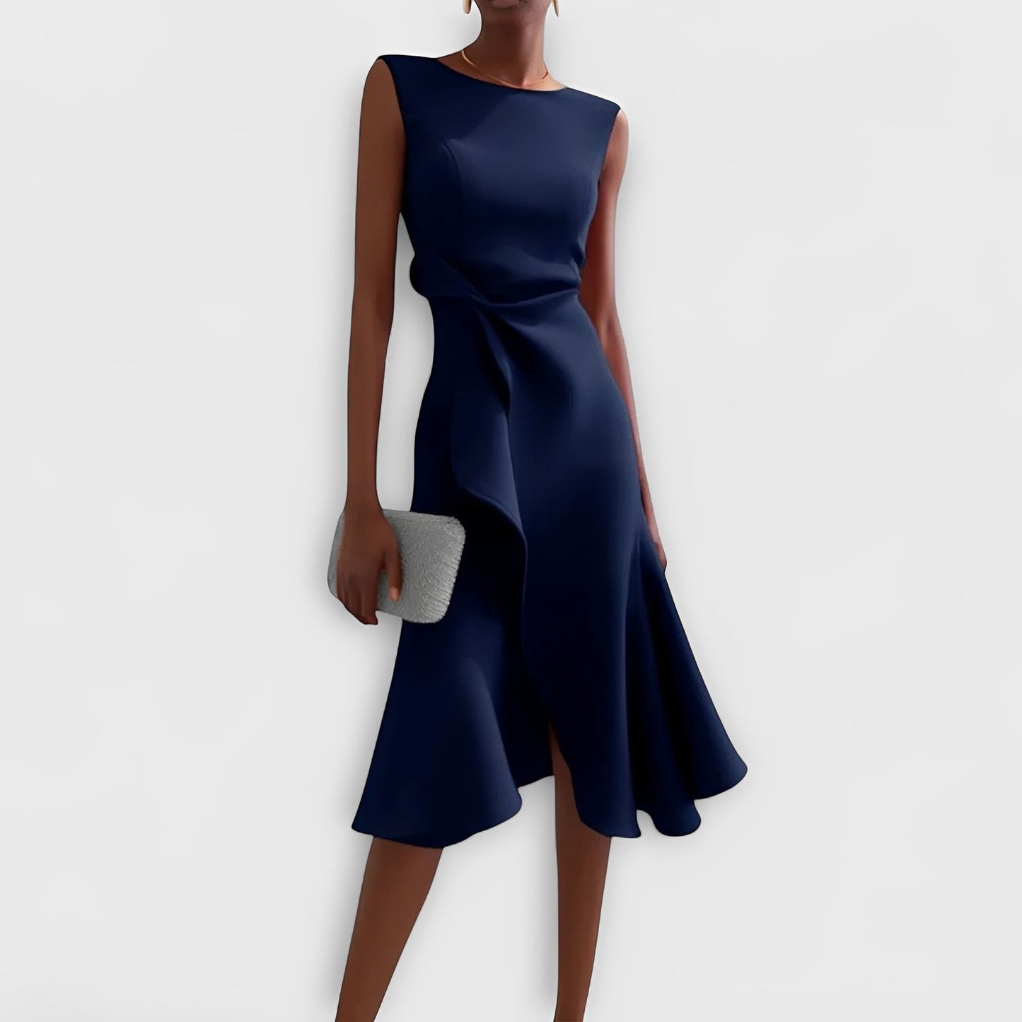 Vestido Midi Fluido con Hombros Descubiertos y Dobladillo con Volantes