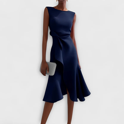 Vestido Midi Fluido con Hombros Descubiertos y Dobladillo con Volantes