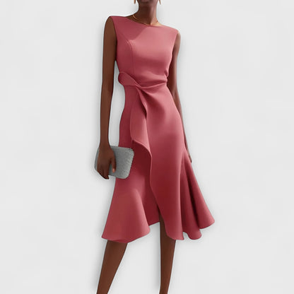 Vestido Midi Fluido con Hombros Descubiertos y Dobladillo con Volantes