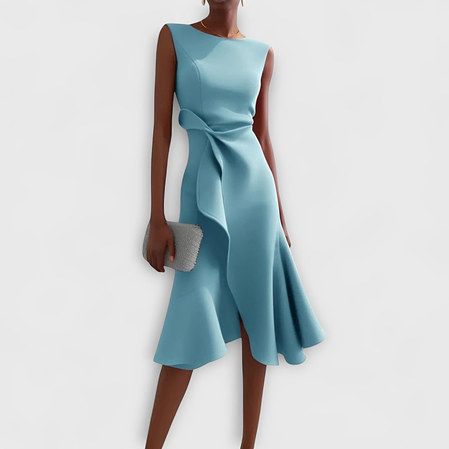 Vestido Midi Fluido con Hombros Descubiertos y Dobladillo con Volantes