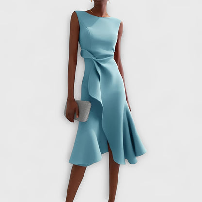 Vestido Midi Fluido con Hombros Descubiertos y Dobladillo con Volantes