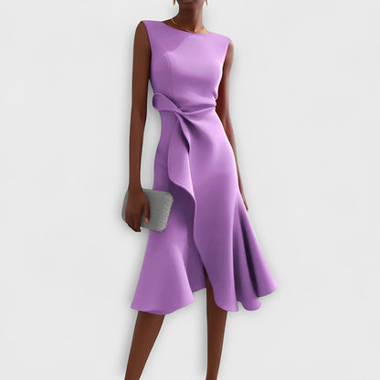 Vestido Midi Fluido con Hombros Descubiertos y Dobladillo con Volantes