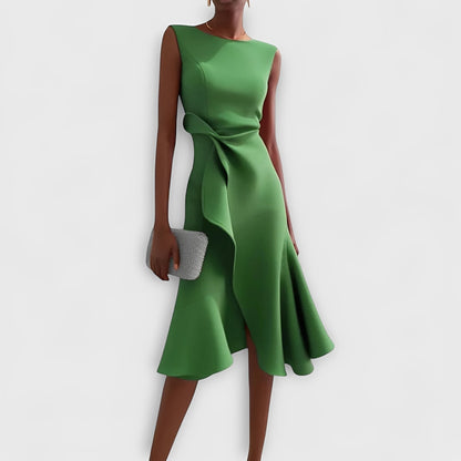 Vestido Midi Fluido con Hombros Descubiertos y Dobladillo con Volantes