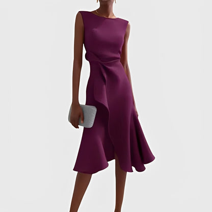 Vestido Midi Fluido con Hombros Descubiertos y Dobladillo con Volantes