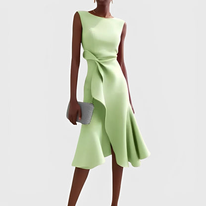 Vestido Midi Fluido con Hombros Descubiertos y Dobladillo con Volantes