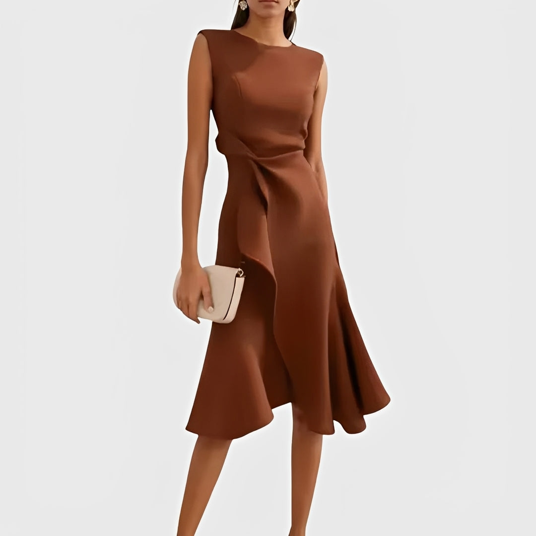 Vestido Midi Fluido con Hombros Descubiertos y Dobladillo con Volantes