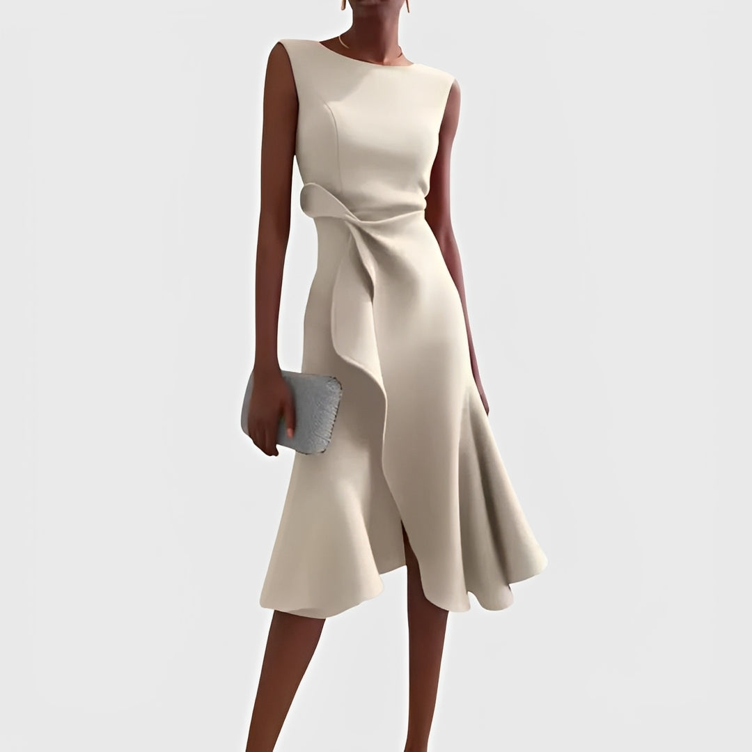Vestido Midi Fluido con Hombros Descubiertos y Dobladillo con Volantes