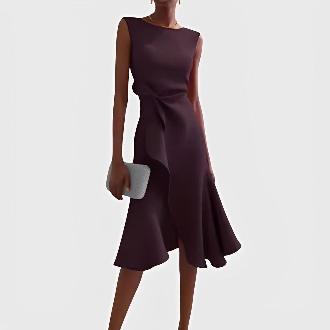 Vestido Midi Fluido con Hombros Descubiertos y Dobladillo con Volantes