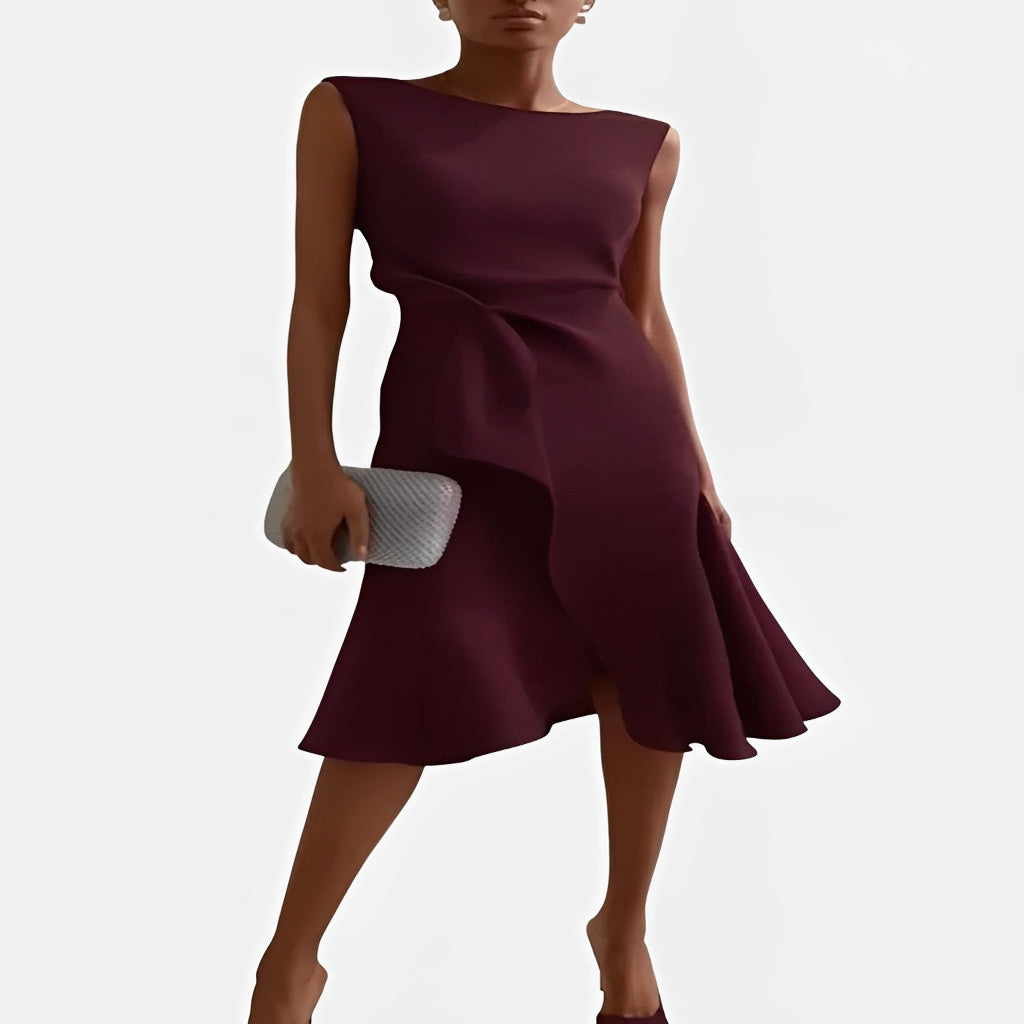 Vestido Midi Fluido con Hombros Descubiertos y Dobladillo con Volantes