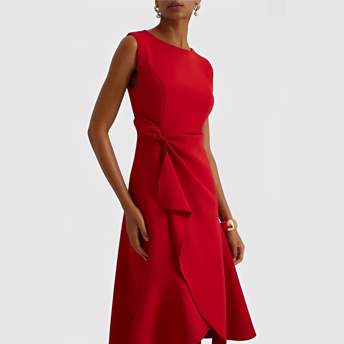 Vestido Midi Fluido con Hombros Descubiertos y Dobladillo con Volantes
