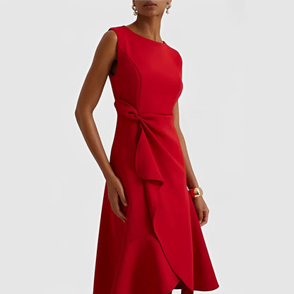 Vestido Midi Fluido con Hombros Descubiertos y Dobladillo con Volantes