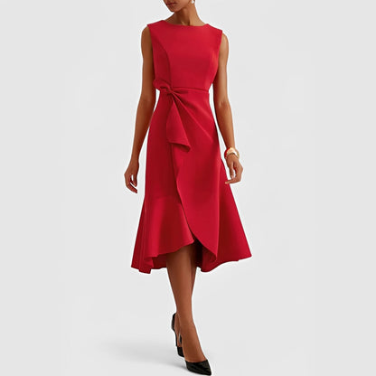 Vestido Midi Fluido con Hombros Descubiertos y Dobladillo con Volantes