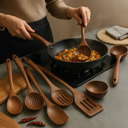 Juego de utensilios de cocina de madera natural con mango cómodo