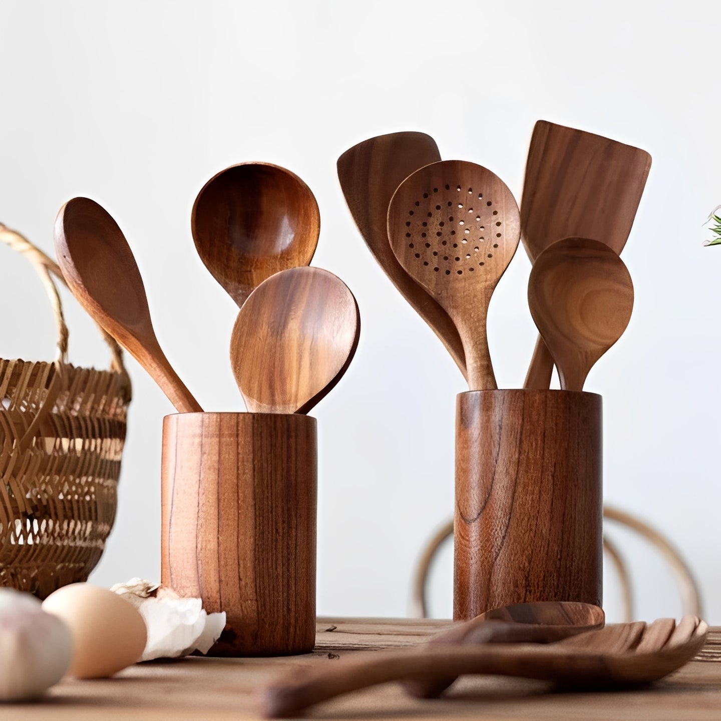 Juego de utensilios de cocina de madera natural con mango cómodo
