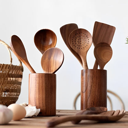 Juego de utensilios de cocina de madera natural con mango cómodo