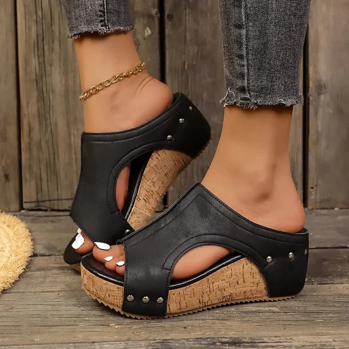 Ladies High Heel Buckle Sandals with Studs - Ortekor