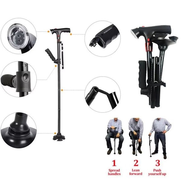 Bastón Plegable Portátil con Luz LED y Alarma