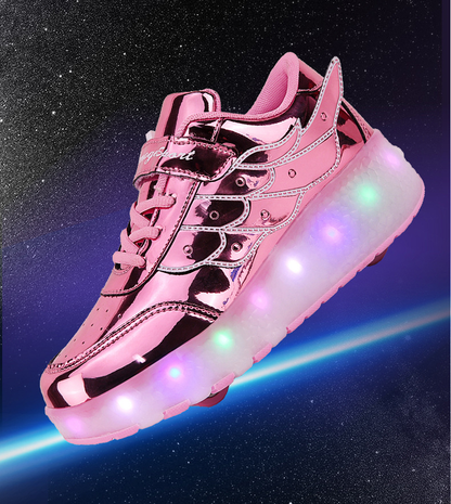LED Light-Up Wheeled Sneakers for Kids – Pink Canvas High-Top with Wing Design & USB Charging for Girls & Teens