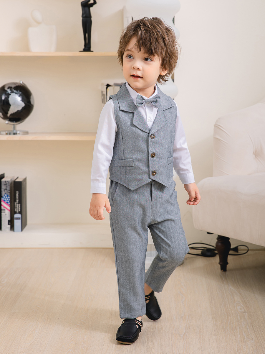 Boys 3-Piece Formal Suit Set with Shirt, Vest, Pants & Bow Tie for Weddings, Parties & Special Occasions | Soft Cotton Dress Outfit
